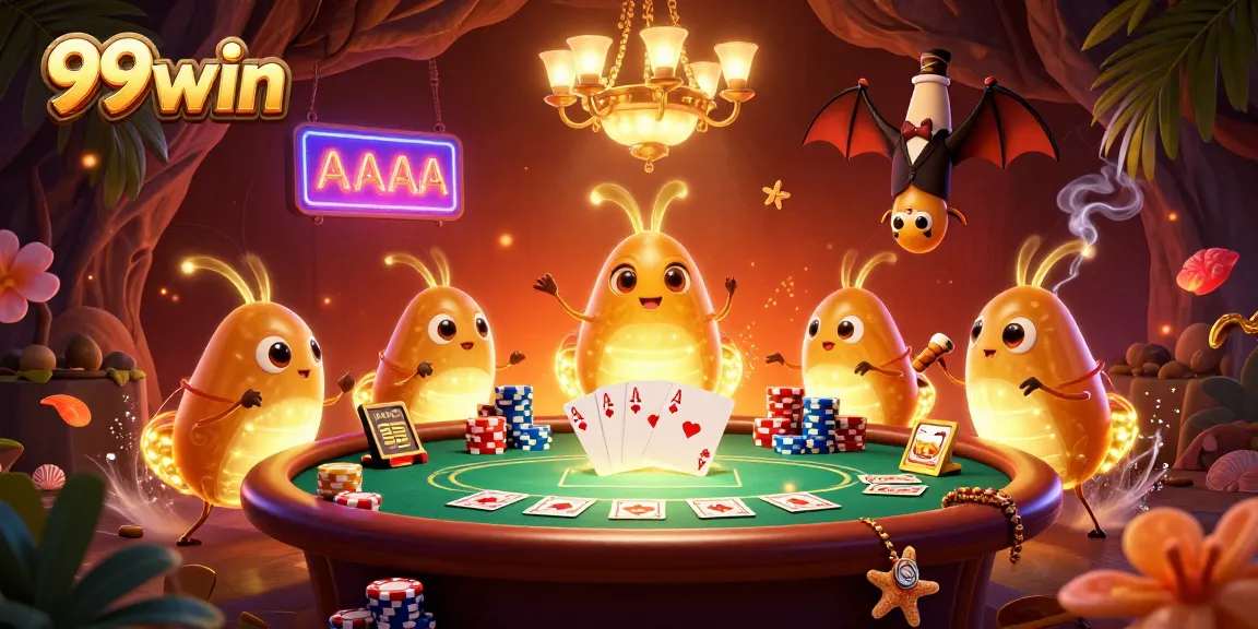 Enjoy an exciting poker game at 99win with luminous glowworms and a bat dealer!
