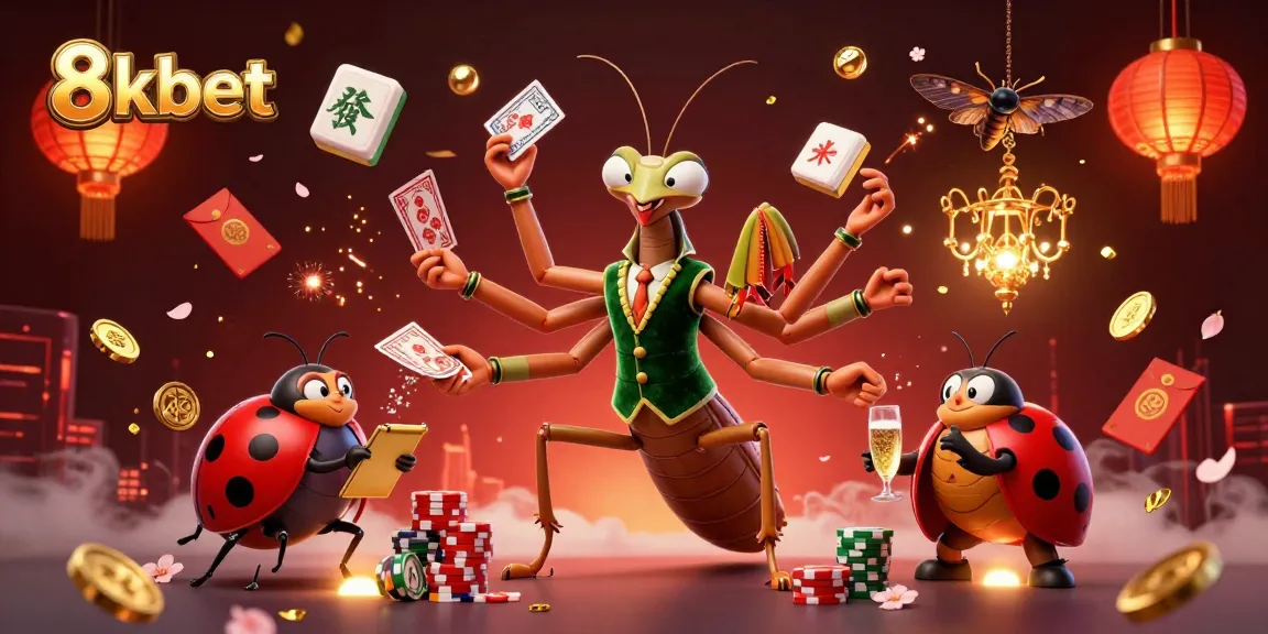 Engage with 8xbet at an exuberant casino scene featuring a mantis card sharp and ladybug pit boss.