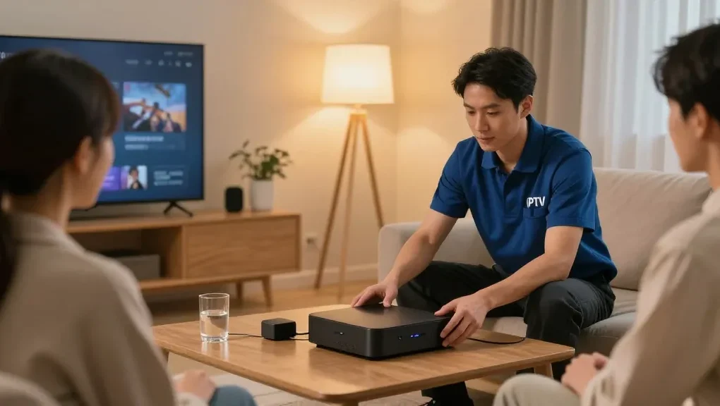 British IPTV setup by a trusted provider, showcasing local services in a modern home.