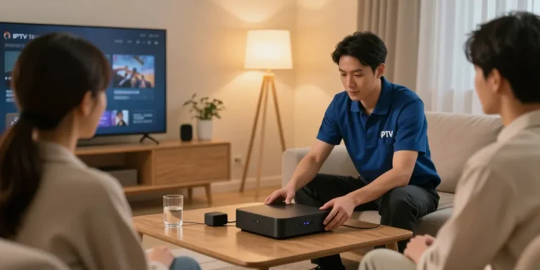British IPTV setup by a trusted provider, showcasing local services in a modern home.