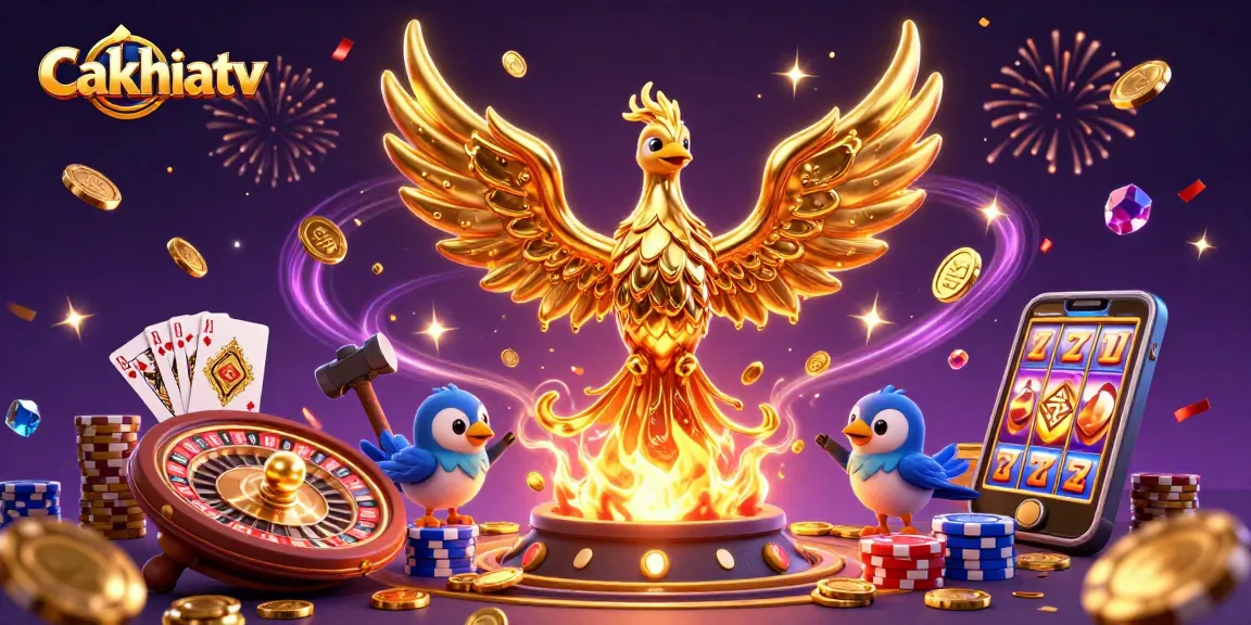 Engage in thrilling sports betting with Cakhiatv's vibrant gold and gem filled illustration.
