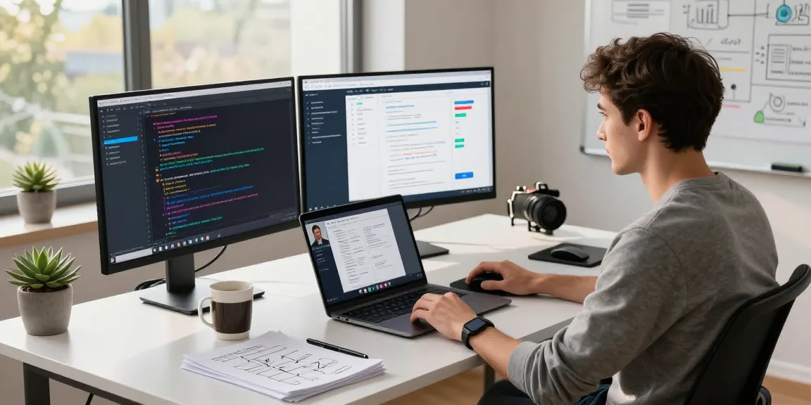 Build internal tools with AI in a modern workspace showcasing developers collaborating and utilizing innovative technology.