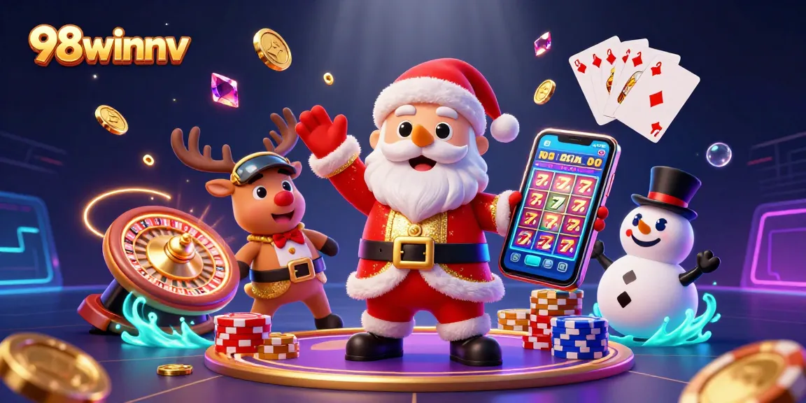Experience excitement at 98winnv with festive characters and dynamic casino elements in an engaging scene.