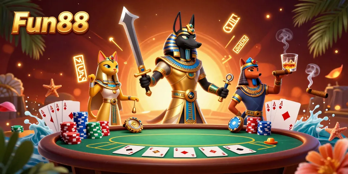 Experience exhilarating poker action with Fun88 featuring a heroic Anubis and glowing hieroglyphs.
