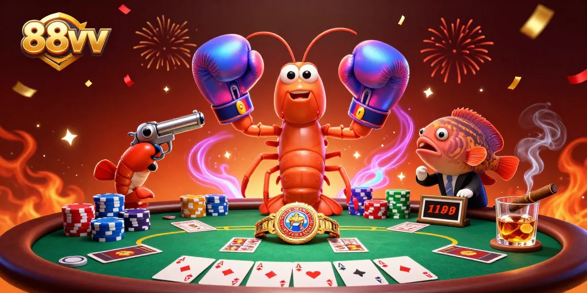Engage in thrilling poker battles with 88vv's vibrant 3D characters amidst colorful chips and community cards.