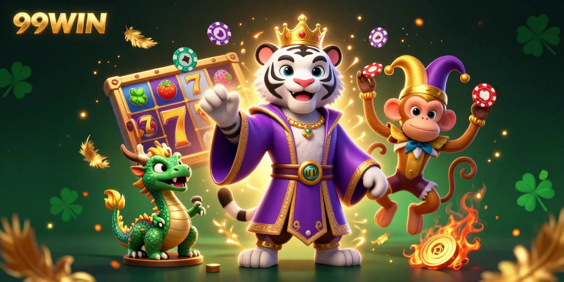 Experience thrilling slot gaming with 99WIN’s vibrant 3D illustration featuring a majestic tiger, a jester monkey, and a jade dragon.