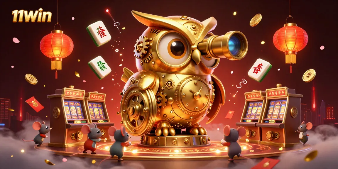 Engage with the 11WIN casino experience featuring a golden clockwork owl amidst vibrant gaming elements.