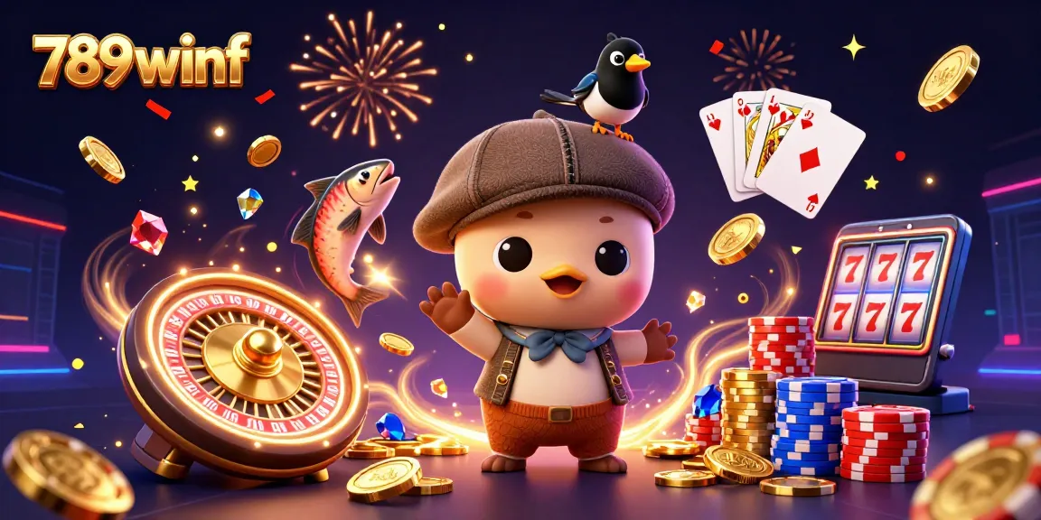 Join the excitement of 789winf as playful characters celebrate casino wins amidst golden coins and sparkling gems.