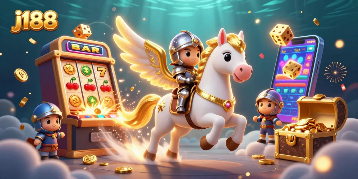 Experience the thrill of j188 with a dazzling slot machine and a magical horse in a vibrant casino scene.