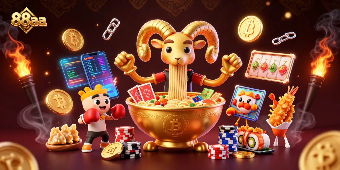 88aa introduces a vibrant casino scene with a giant ramen bowl dealer and dynamic slot elements.