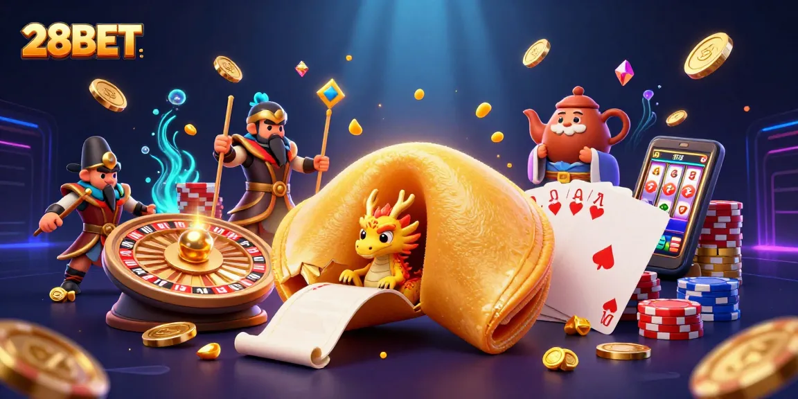 Experience the excitement of 28BET with golden fortune cookies, dragon guardians, and dynamic casino elements.
