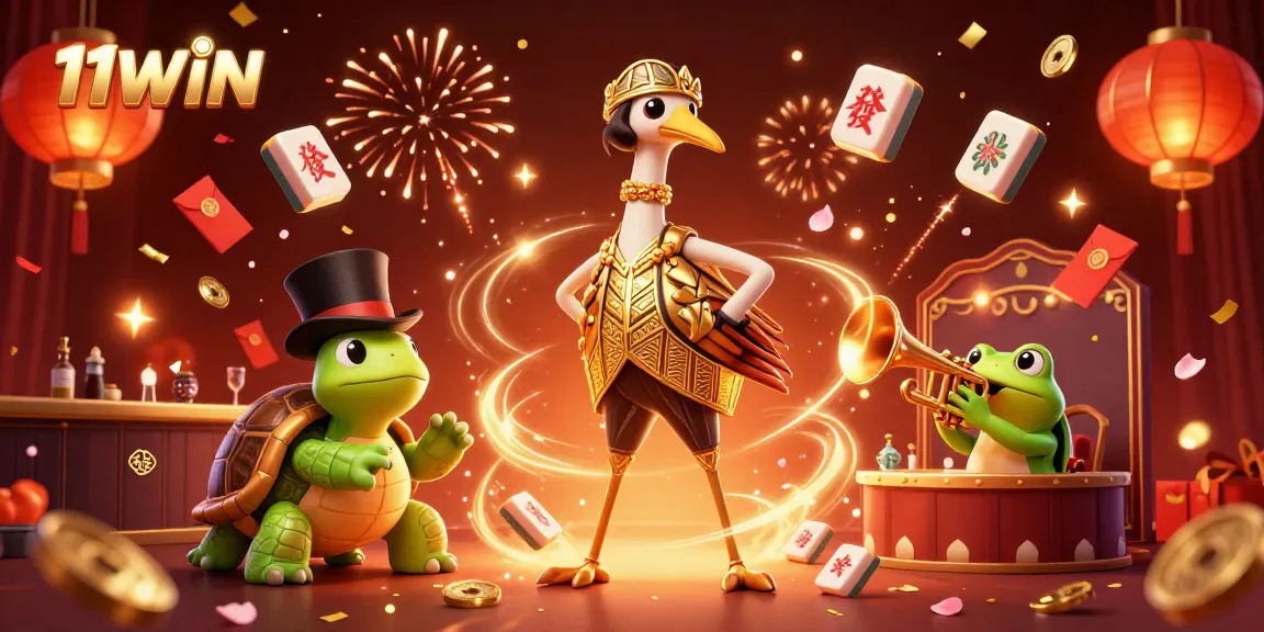Experience the vibrant world of 11WIN casino games with a lively 3D illustration of cartoon characters celebrating.