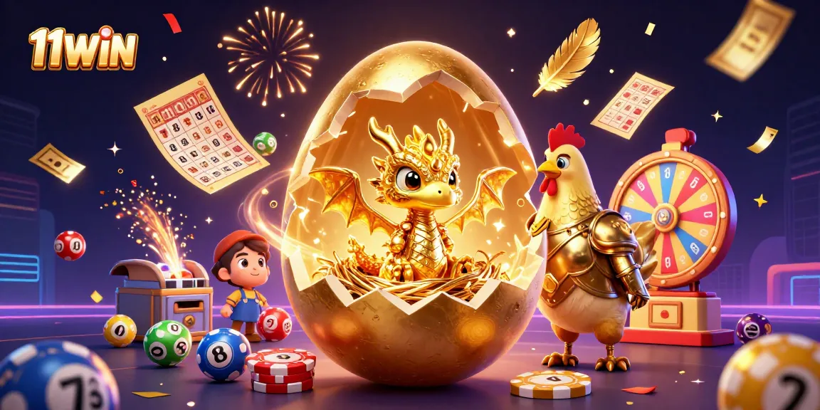 11WIN showcases a vibrant 3D cartoon scene with a dragon, poker chips, and lottery elements.